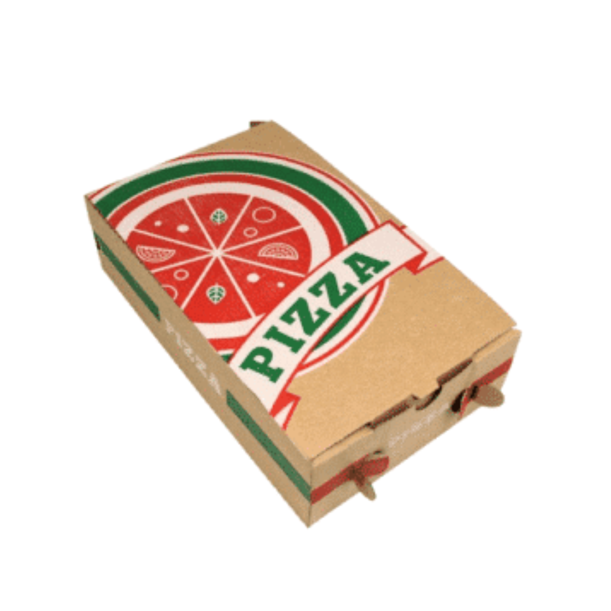 Boîte Pizza Calzone en Carton Kraft Brun Décorée 3 couleurs 27x17x7 cm